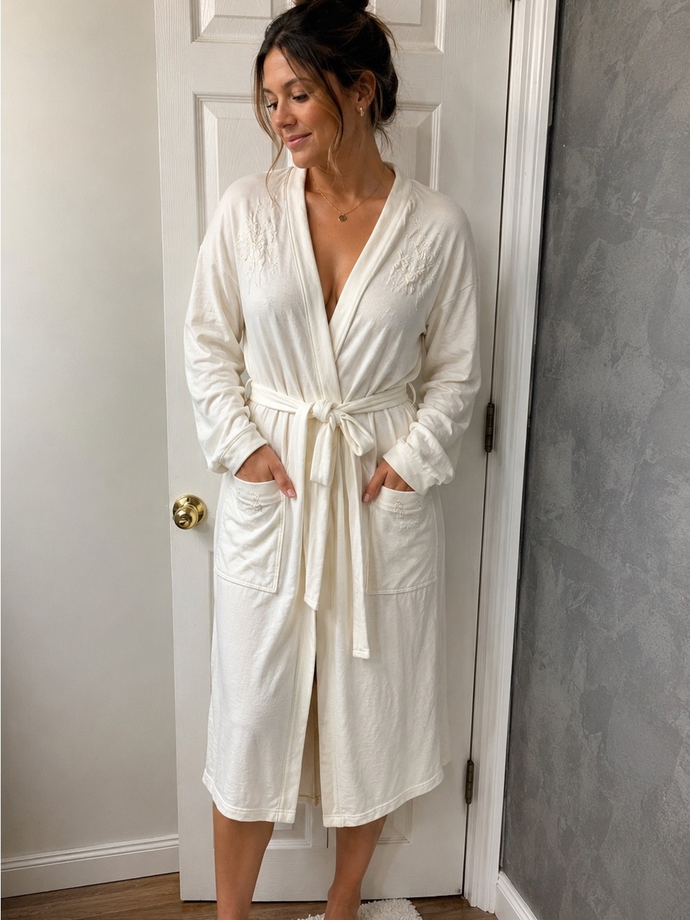 Vintage 80s Aria 100% Cotton Knit Wrap Robe Embroidered Floral, Pockets Womens M - Picture 1 of 7